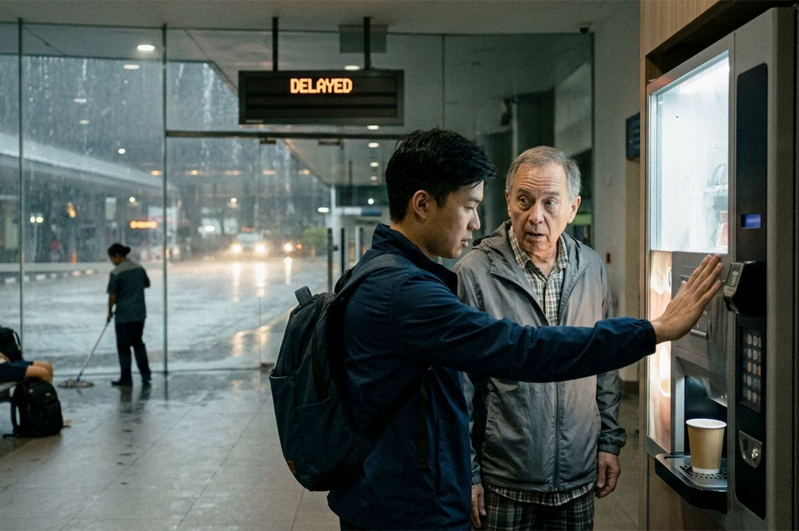 Two men standing at a vending machine inside a rainy transit terminal, with one man operating the machine as a delayed departure sign hangs above.