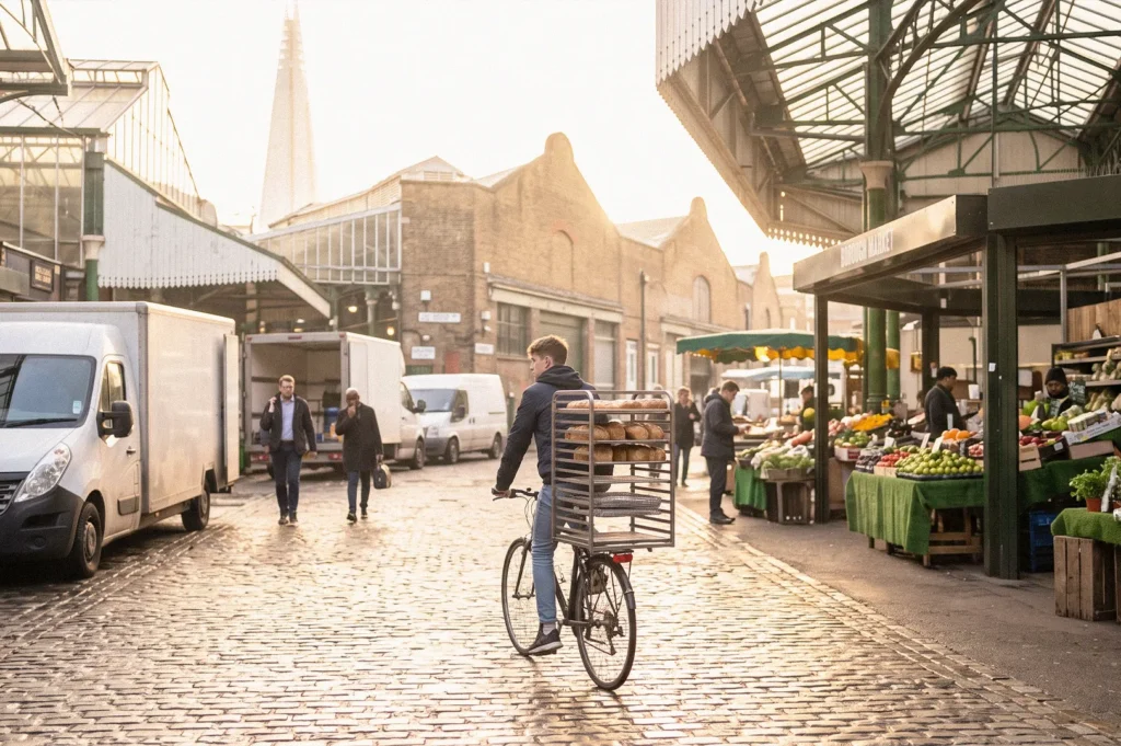 A bustling early-morning market with produce stalls along a cobblestone street, delivery vans, pedestrians, and a cyclist carrying a rack of bread, with The Shard visible in the background.