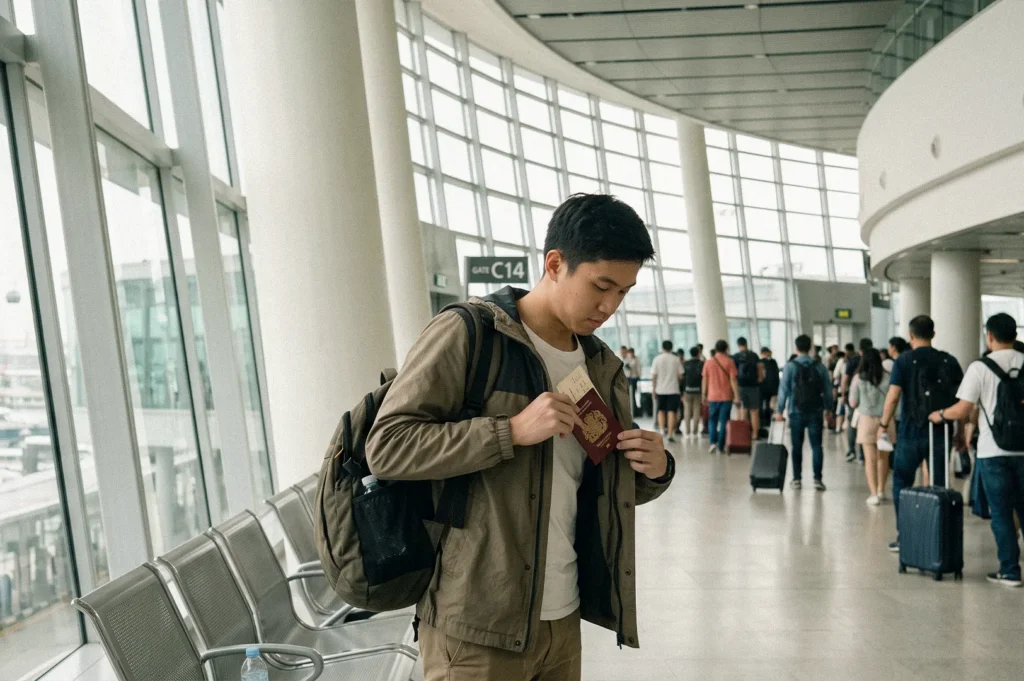Traveler standing near an airport gate holding a passport and boarding pass, with a backpack and other passengers with luggage in the background.