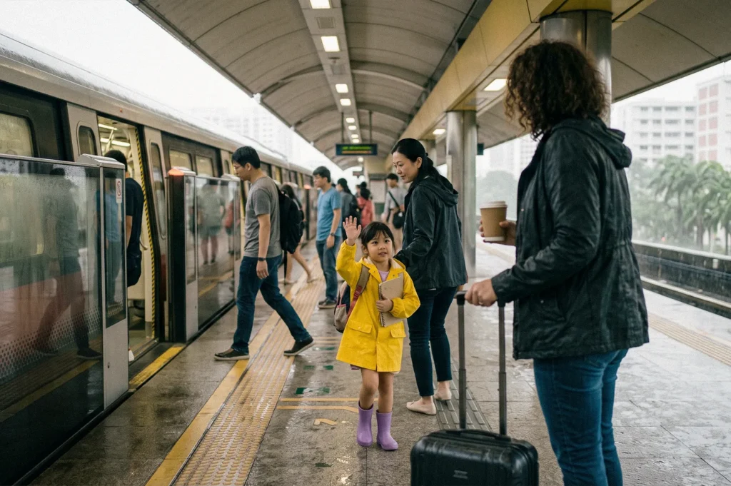 A child in a yellow raincoat waves beside an arriving train as two adults with luggage wait with her on a rainy train platform.
