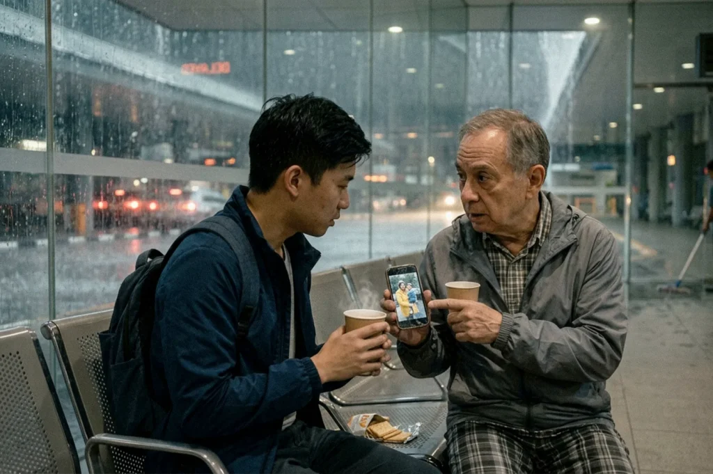 Two men sitting in a rain-soaked transit terminal, holding paper cups while an older man shows a photo on his phone to the younger man.