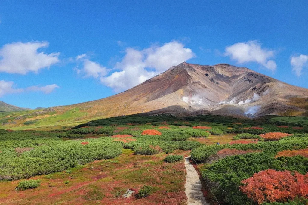 A scenic view of a volcanic mountain in Hokkaido, with steam rising from rocky slopes above green alpine vegetation and patches of red and orange autumn foliage beneath a bright blue sky.
