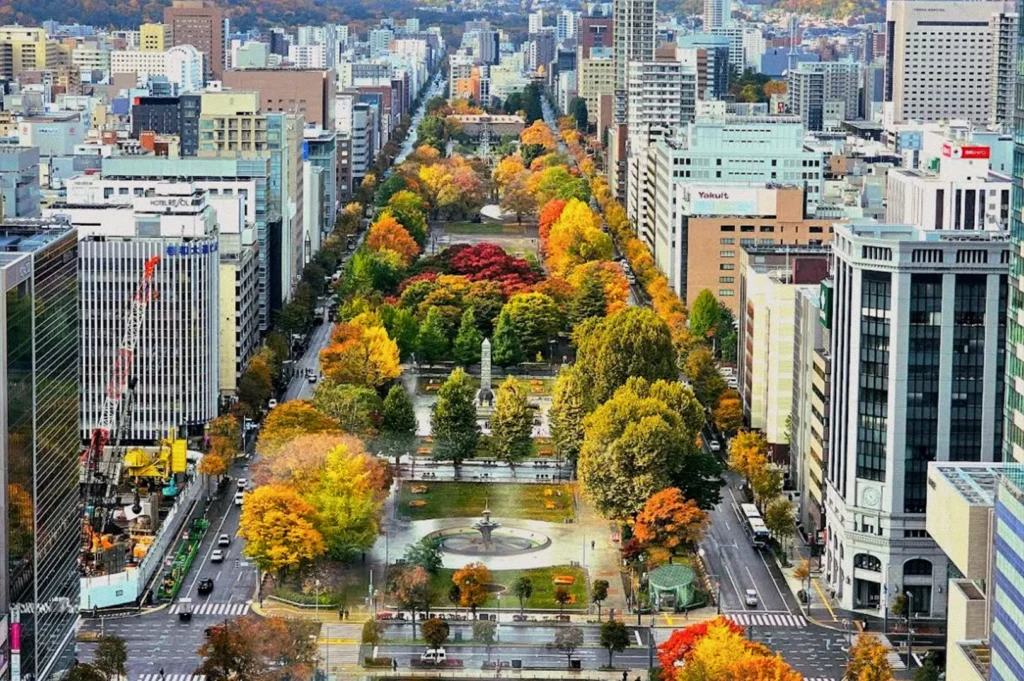 An elevated view of Odori Park in Sapporo during autumn, showing a long tree-lined green space filled with colorful yellow, orange, and red foliage, surrounded by city streets and modern high-rise buildings.