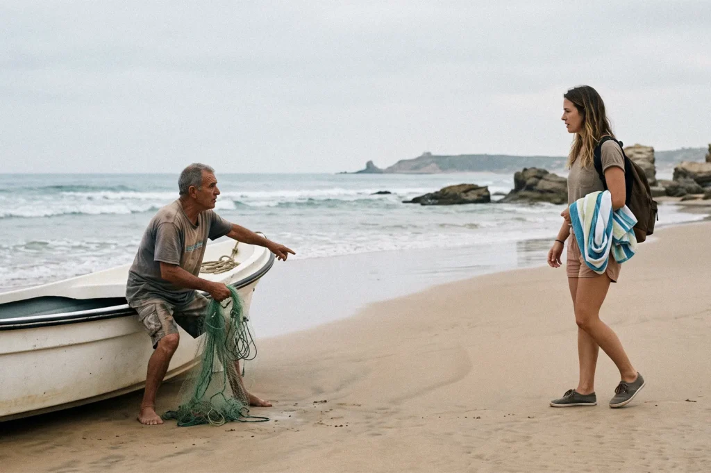 A local fisherman sits beside his boat on a sandy beach, holding a green fishing net and pointing toward the shore while speaking to a female traveler carrying a backpack and striped towel. Waves roll in behind them, with rocky formations along the coastline.