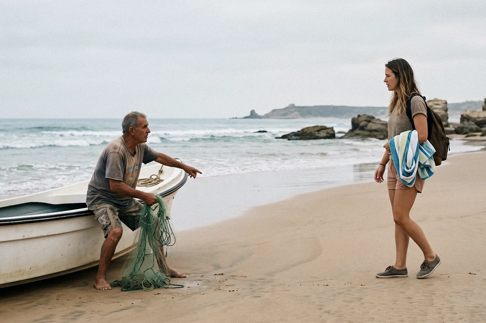 A local fisherman sits beside his boat on a sandy beach, holding a green fishing net and pointing toward the shore while speaking to a female traveler carrying a backpack and striped towel. Waves roll in behind them, with rocky formations along the coastline.