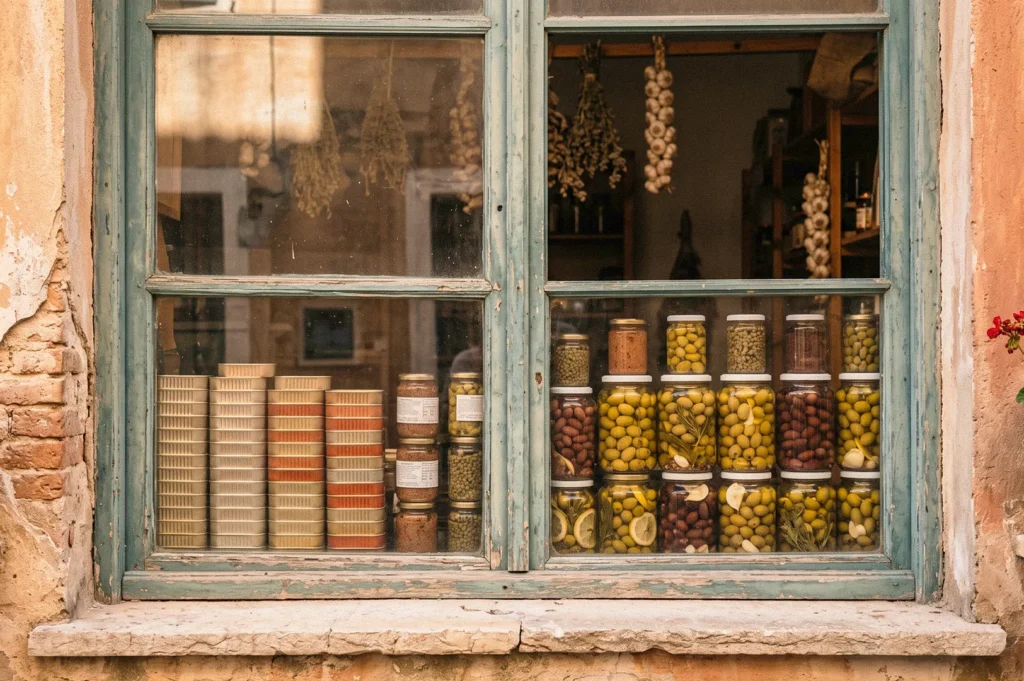 A rustic shop window framed in weathered teal wood displays stacked tins and glass jars of green and dark olives, preserved vegetables, and other pantry goods, with strings of garlic and dried herbs hanging inside.