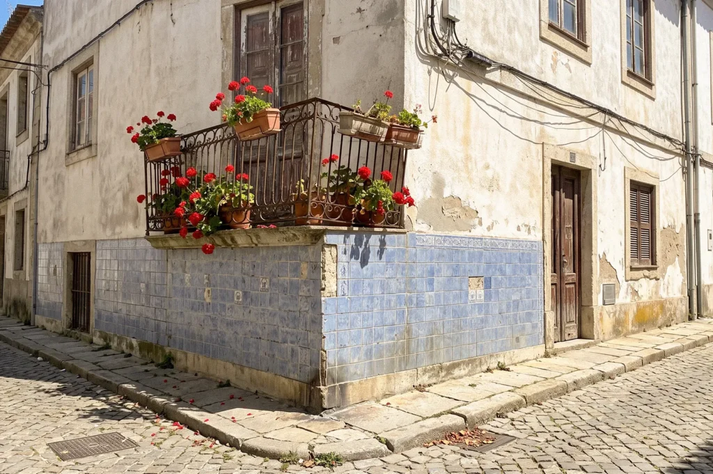 A sunlit corner building with weathered cream walls and blue-tiled lower sections features a small wrought-iron balcony filled with terracotta flower boxes of bright red geraniums. Stone sidewalks and cobblestone streets surround the building.